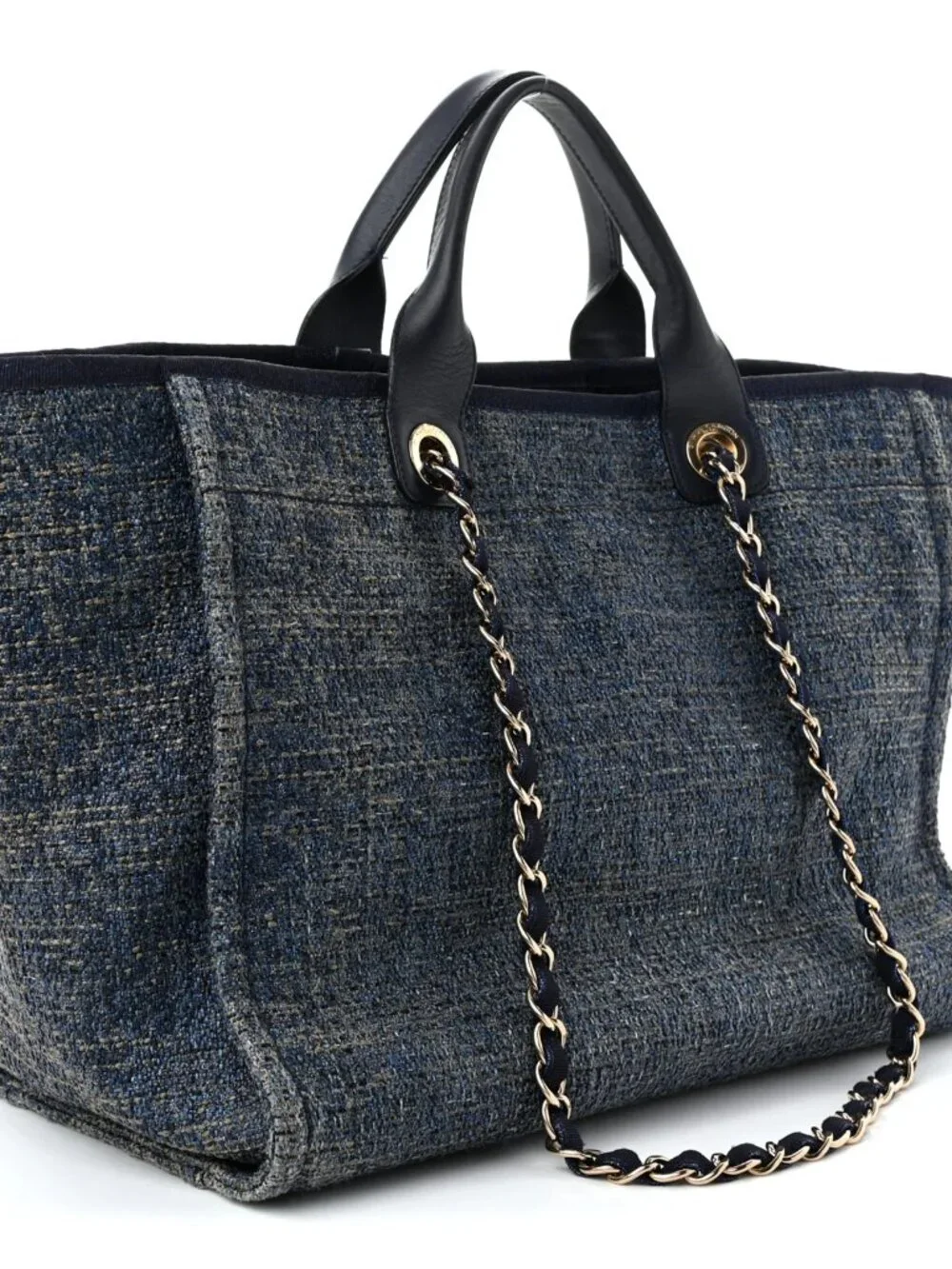 Chanel Lurex Canvas Medium Deauville Tote Navy Blue Shoulder Bag Shopper CC Logo